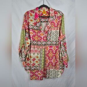 Ruby Rd Aztec Artsy Multicolored Boxy Relaxed Roll-Up Sleeve Top sz 1X